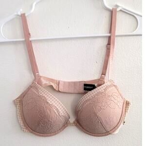 Emporio Armani Padded Push-Up Floral Lace Gingham Bra Tan 34B